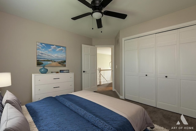 3365 Charlemaine Dr, Aurora, IL 60504 - bedroom with dark carpet, a closet, and ceiling fan