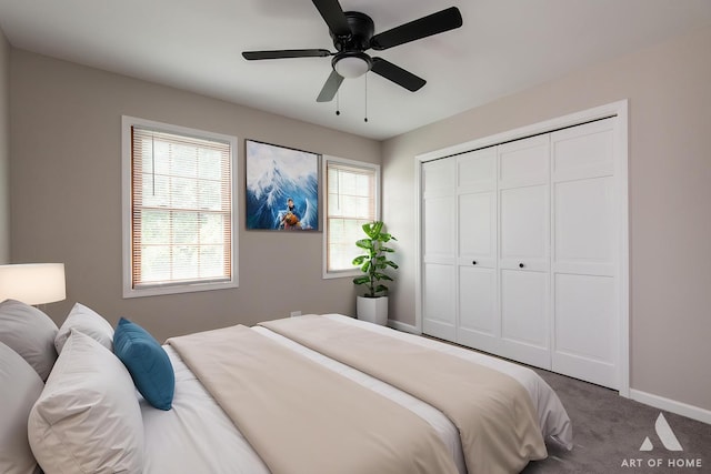 3365 Charlemaine Dr, Aurora, IL 60504 - bedroom with carpet floors, baseboards, a closet, and a ceiling fan