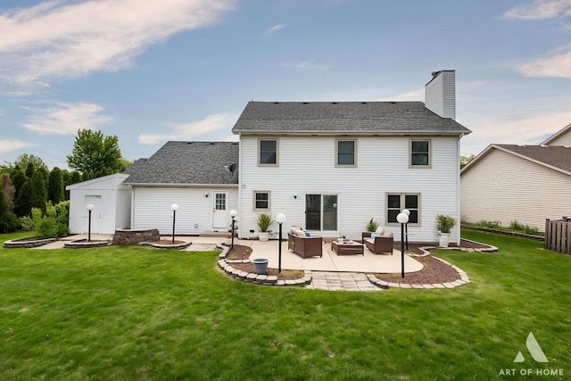 3365 Charlemaine Dr, Aurora, IL 60504 - rear view of house with an outdoor hangout area, a patio, a lawn, and a chimney