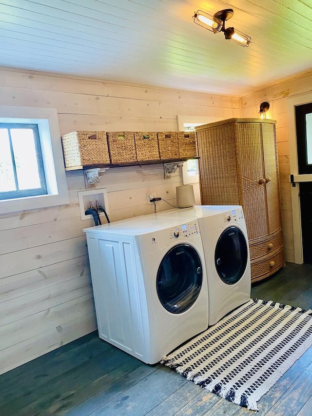 106 Dewey St, Harvard, IL 60033 - laundry area featuring separate washer and dryer, wooden walls, dark wood-style floors, and wooden ceiling