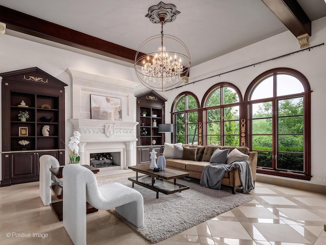 11315 77th St, Burr Ridge, IL 60527 - living area featuring beamed ceiling, a chandelier, light tile patterned floors, and a fireplace