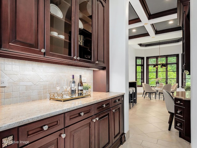 11315 77th St, Burr Ridge, IL 60527 - bar with beam ceiling, coffered ceiling, backsplash, light tile patterned flooring, and recessed lighting