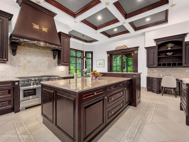 11315 77th St, Burr Ridge, IL 60527 - kitchen featuring high end stainless steel range, custom range hood, inlaid floor details, a kitchen island, and open shelves