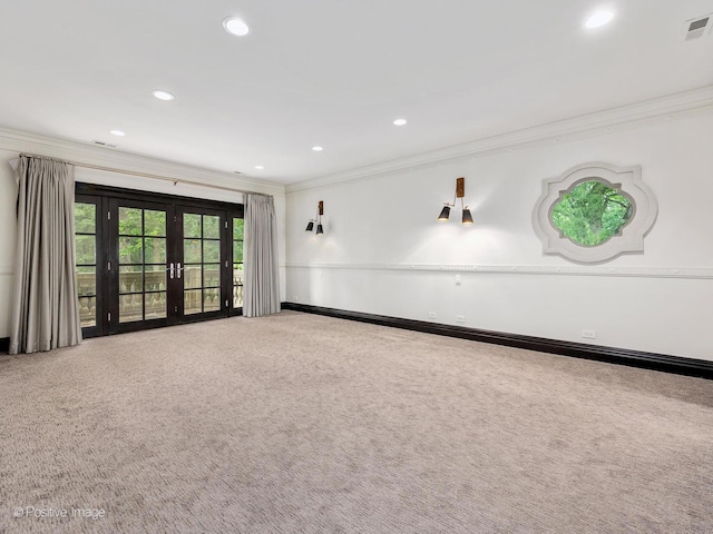 11315 77th St, Burr Ridge, IL 60527 - empty room featuring french doors, ornamental molding, carpet, and recessed lighting