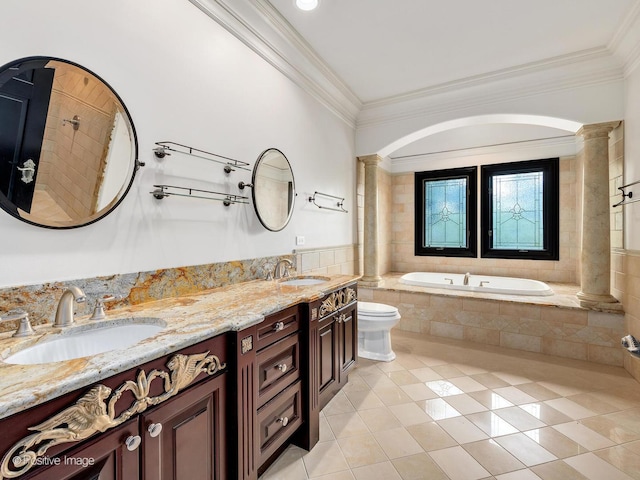11315 77th St, Burr Ridge, IL 60527 - bathroom with decorative columns, tile patterned floors, double vanity, a relaxing tiled tub, and crown molding