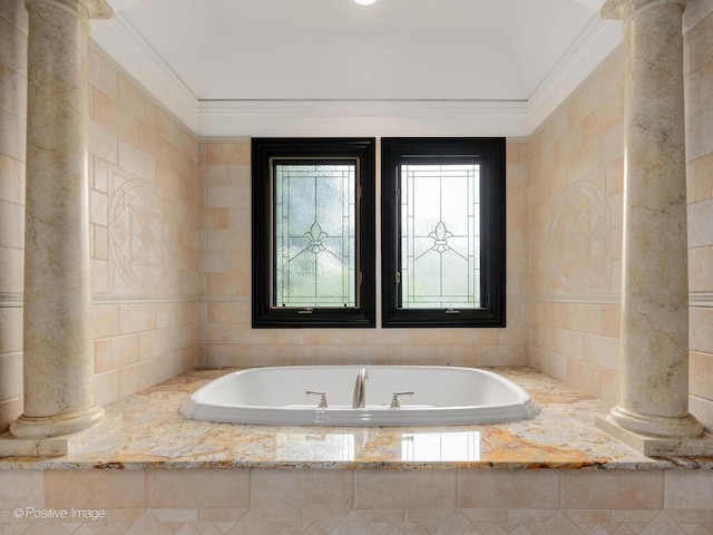 11315 77th St, Burr Ridge, IL 60527 - full bathroom with ornate columns, a garden tub, and crown molding