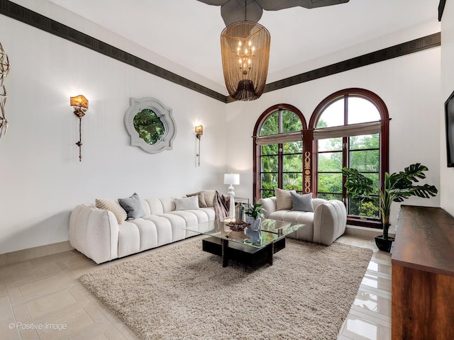 11315 77th St, Burr Ridge, IL 60527 - living area featuring vaulted ceiling, a chandelier, and light tile patterned flooring