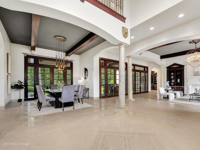 11315 77th St, Burr Ridge, IL 60527 - dining area featuring french doors, a chandelier, arched walkways, beamed ceiling, and recessed lighting