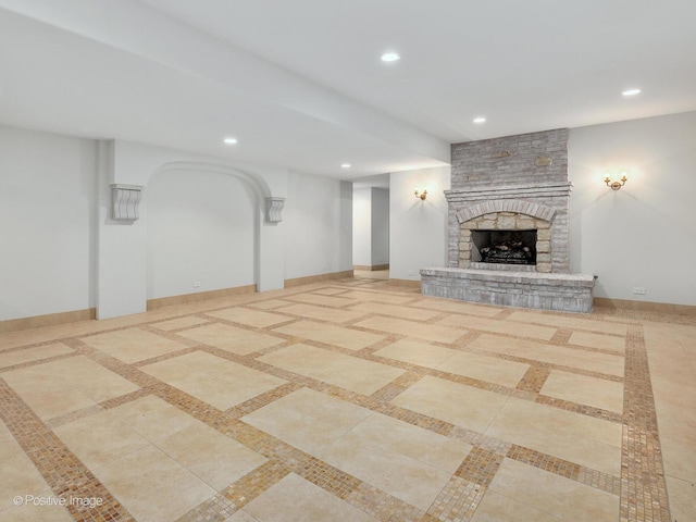 11315 77th St, Burr Ridge, IL 60527 - unfurnished living room with recessed lighting and a stone fireplace