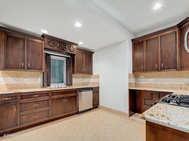 11315 77th St, Burr Ridge, IL 60527 - kitchen with dishwasher, backsplash, recessed lighting, dark brown cabinets, and light stone counters