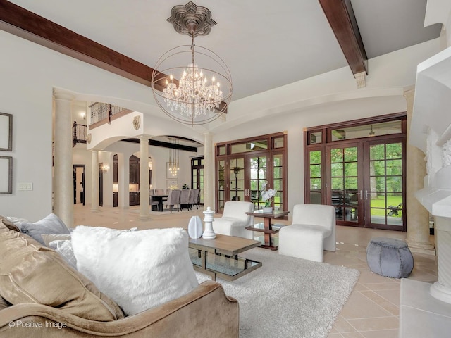 11315 77th St, Burr Ridge, IL 60527 - tiled living area with french doors, decorative columns, beamed ceiling, arched walkways, and a chandelier