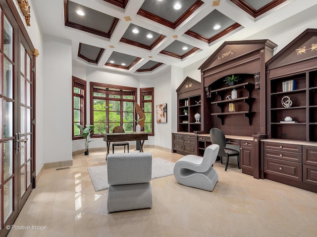 11315 77th St, Burr Ridge, IL 60527 - home office featuring french doors, coffered ceiling, crown molding, beamed ceiling, and light tile patterned floors