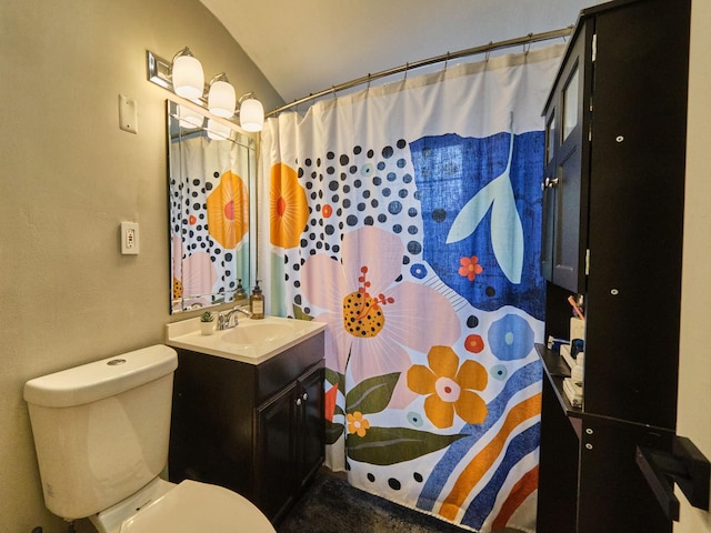 7314 W 58th St, Summit, IL 60501 - bathroom featuring vanity, toilet, curtained shower, and vaulted ceiling