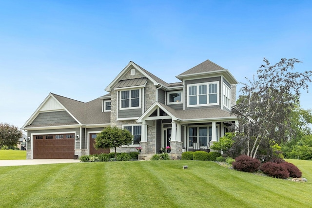 7166 Clubhouse Dr, Yorkville, IL 60560 - craftsman house with stone siding, a front yard, a garage, and concrete driveway