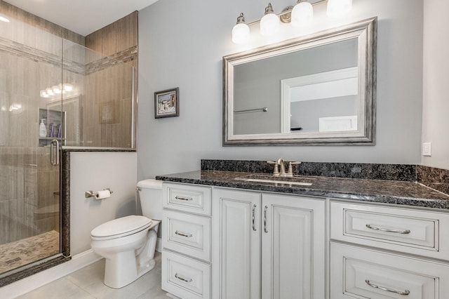 7166 Clubhouse Dr, Yorkville, IL 60560 - bathroom featuring vanity, toilet, a stall shower, and tile patterned floors