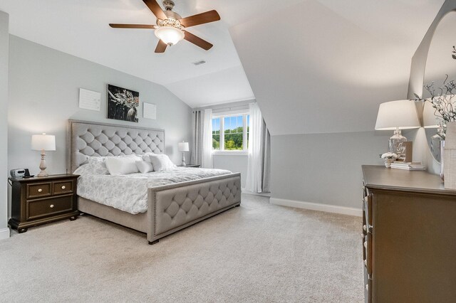 7166 Clubhouse Dr, Yorkville, IL 60560 - bedroom with lofted ceiling, baseboards, light carpet, and a ceiling fan