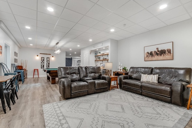 7166 Clubhouse Dr, Yorkville, IL 60560 - living area featuring light wood-type flooring, billiards table, a paneled ceiling, baseboards, and recessed lighting