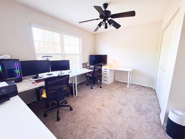 11319 Maplewood Dr, Plainfield, IL 60585 - home office with ceiling fan and carpet flooring