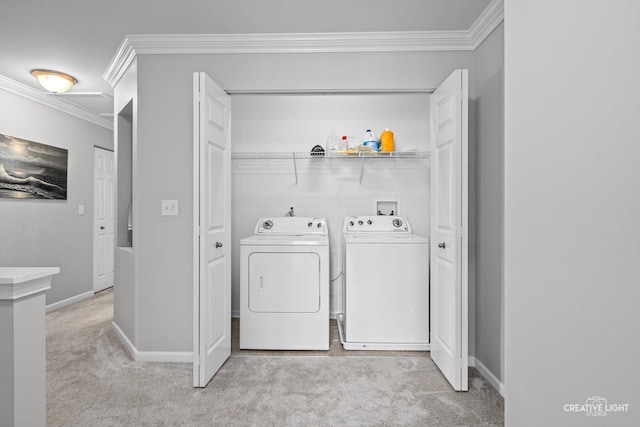 6N307 Whitmore Cir Unit A, Saint Charles, IL 60174 - laundry area featuring washer and dryer, light carpet, crown molding, and baseboards
