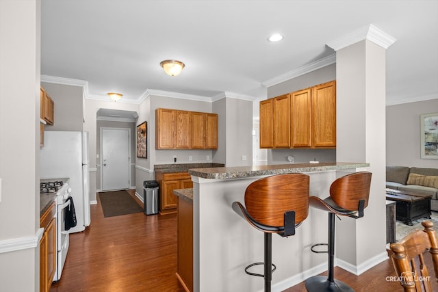 6N307 Whitmore Cir Unit A, Saint Charles, IL 60174 - kitchen with white gas range oven, a peninsula, a breakfast bar area, dark wood-style flooring, and brown cabinetry