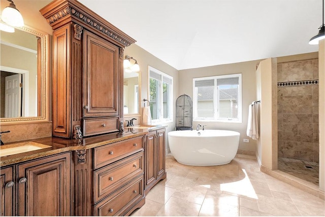 1537 Monarch Cir, Naperville, IL 60564 - bathroom with double vanity, a freestanding tub, tiled shower, and lofted ceiling