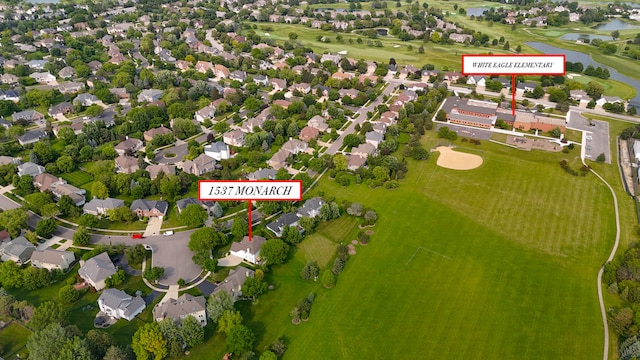 1537 Monarch Cir, Naperville, IL 60564 - aerial overview of property's location with a nearby body of water, nearby suburban area, and a local golf course