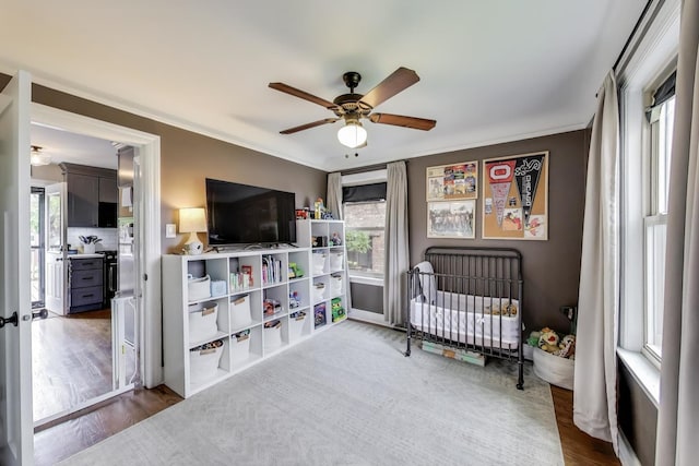 9906 S Saint Louis Ave, Evergreen Park, IL 60805 - bedroom featuring wood finished floors, crown molding, and ceiling fan
