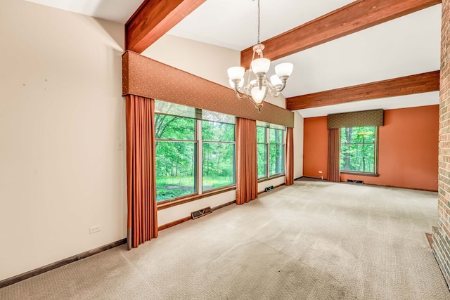 24721 S Walnut St, Crete, IL 60417 - spare room with a chandelier, beam ceiling, carpet flooring, and baseboards