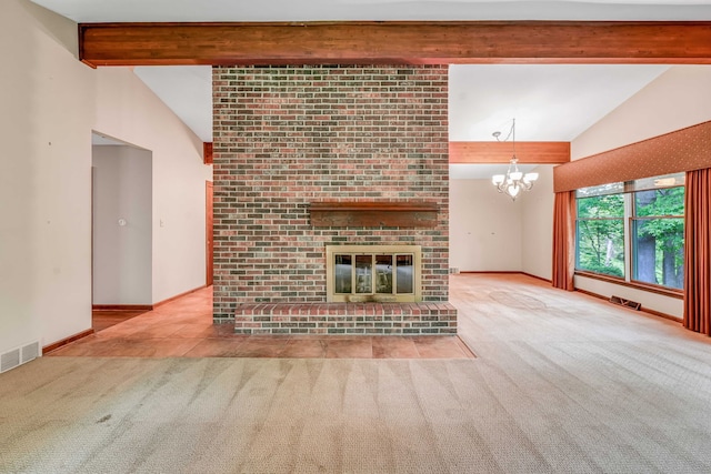 24721 S Walnut St, Crete, IL 60417 - unfurnished living room featuring carpet floors, a chandelier, a brick fireplace, and baseboards