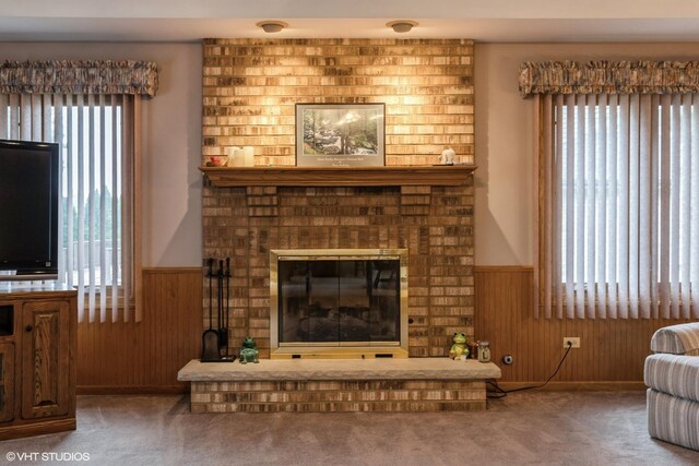 19510 Blyth Way, Mokena, IL 60448 - carpeted living room featuring wainscoting, wooden walls, and a fireplace