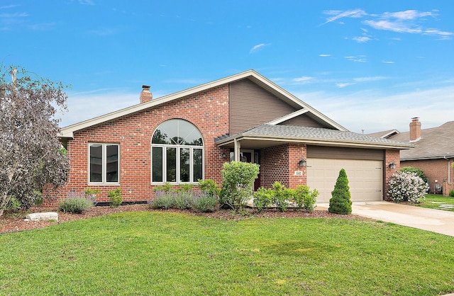 8542 Monaghan Dr, Tinley Park, IL 60487 - single story home with brick siding, a front yard, an attached garage, and a chimney