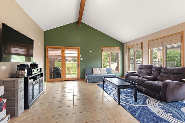 8542 Monaghan Dr, Tinley Park, IL 60487 - living area with light tile patterned floors, beam ceiling, and high vaulted ceiling
