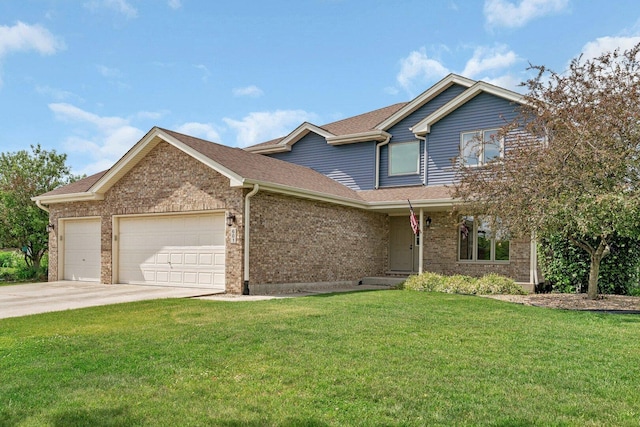 601 High Grove Dr, Minooka, IL 60447 - traditional-style house featuring a garage, a front lawn, concrete driveway, and brick siding