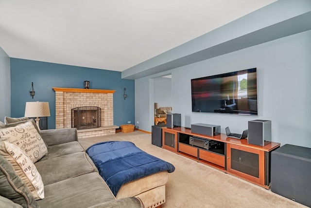 601 High Grove Dr, Minooka, IL 60447 - living room featuring carpet and a brick fireplace