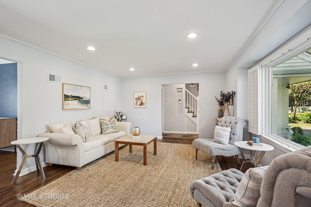 1161 Vernon Dr, Glenview, IL 60025 - living area featuring dark wood-type flooring, stairs, ornamental molding, recessed lighting, and baseboards