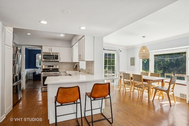 1161 Vernon Dr, Glenview, IL 60025 - kitchen featuring stainless steel appliances, wood finished floors, light countertops, a peninsula, and white cabinetry