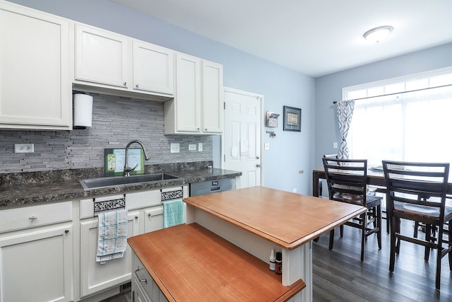 3601 Daisy Ln, Elgin, IL 60124 - kitchen with a sink, wood counters, tasteful backsplash, white cabinets, and dark wood finished floors