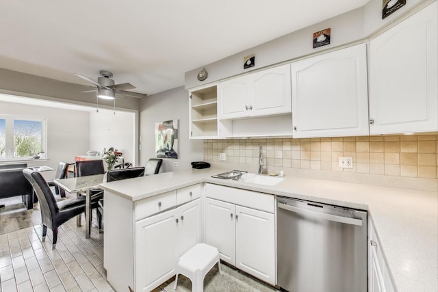 2700 E Bel Aire Dr Unit 202, Arlington Heights, IL 60004 - kitchen featuring dishwasher, open shelves, a sink, a peninsula, and ceiling fan