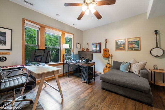 2235 N Saint Louis Ave Unit 1, Chicago, IL 60647 - home office featuring wood finished floors, a ceiling fan, and baseboards