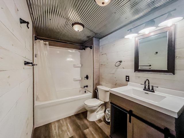 378 E Union St, Seneca, IL 61360 - full bath with wood finished floors, shower / bath combination with curtain, vanity, and wood walls