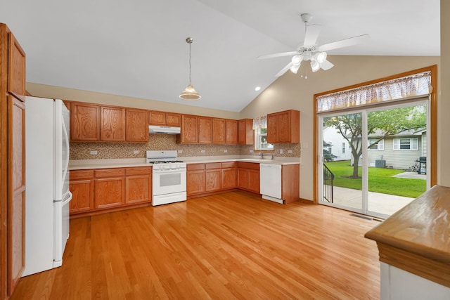 1039 Stewart Ct, Joliet, IL 60431 - kitchen with white appliances, under cabinet range hood, light wood-style flooring, light countertops, and tasteful backsplash