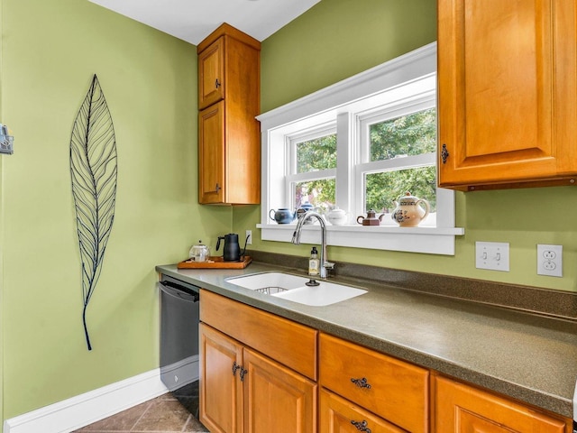 611 S Lynn St, Champaign, IL 61820 - kitchen with a sink, dark countertops, baseboards, dishwasher, and brown cabinetry