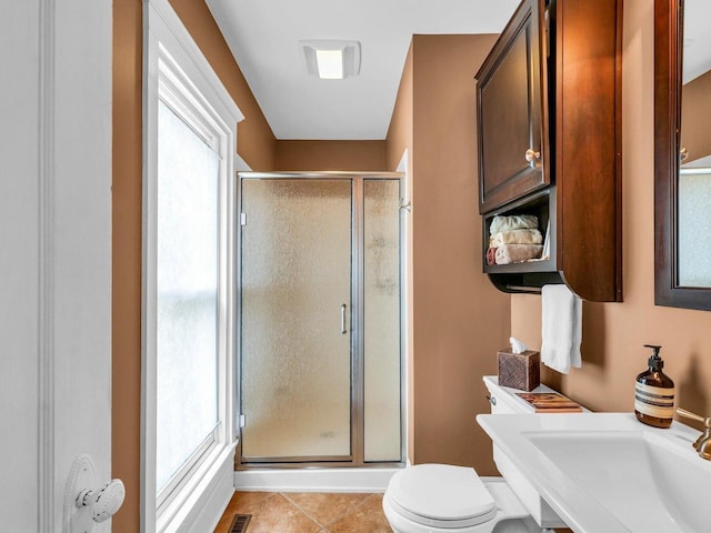 611 S Lynn St, Champaign, IL 61820 - bathroom featuring a stall shower, toilet, a sink, and tile patterned floors