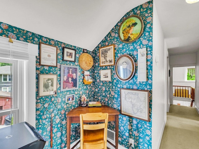 611 S Lynn St, Champaign, IL 61820 - dining area featuring wallpapered walls, lofted ceiling, and baseboards