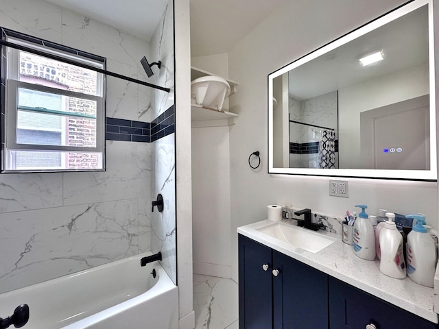 3316 W Flournoy St, Chicago, IL 60624 - full bath featuring marble finish floors, vanity, and shower / bathtub combination with curtain