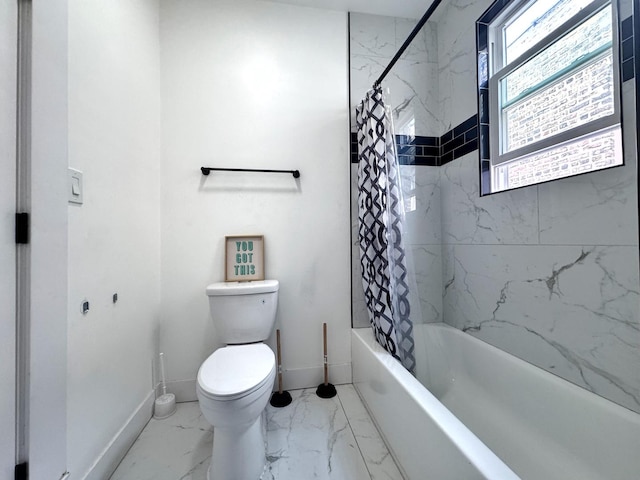 3316 W Flournoy St, Chicago, IL 60624 - bathroom featuring baseboards, toilet, shower / tub combo, and marble look tiles