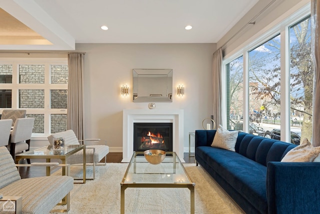 1807 W Ohio St, Chicago, IL 60622 - living area with a glass covered fireplace, recessed lighting, and baseboards