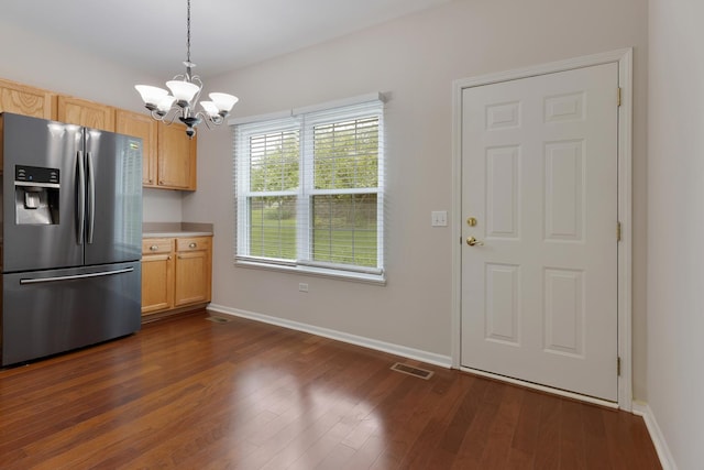 5261 Pebble Ln, Crystal Lake, IL 60012 - kitchen with stainless steel refrigerator with ice dispenser, a chandelier, baseboards, dark wood-type flooring, and decorative light fixtures