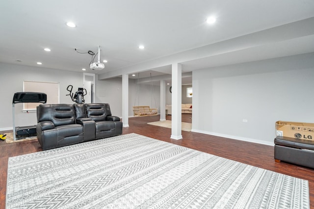 24723 W Champion Dr, Plainfield, IL 60585 - home theater featuring dark wood-style floors, baseboards, and recessed lighting