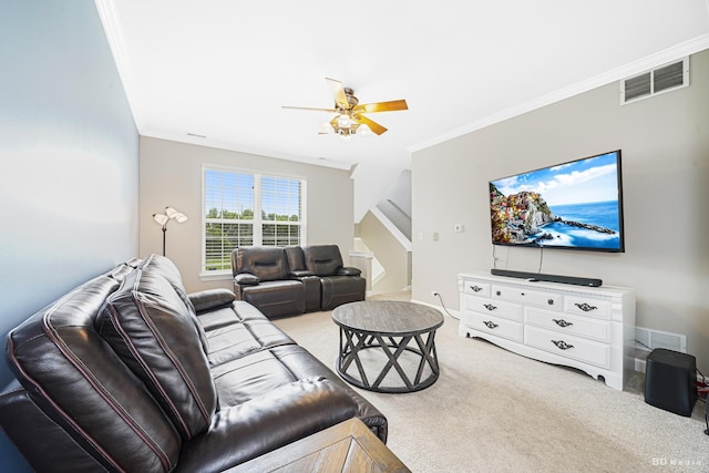1754 Fieldstone Dr N, Shorewood, IL 60404 - living area with light colored carpet, ceiling fan, ornamental molding, stairway, and baseboards